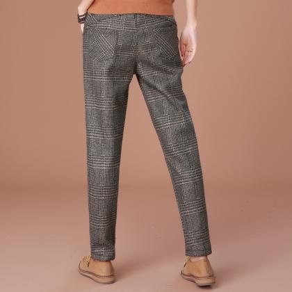 Plaid Lace Up Thick Long Woolen Casual Pants