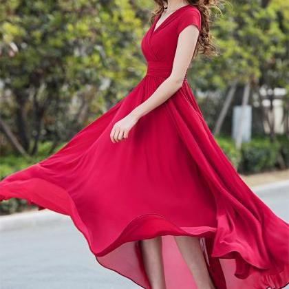High Waist V-neck Short Sleeves Long Pleated Party..
