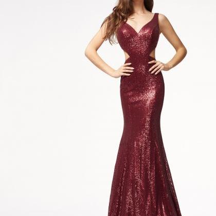 Sequins Straps V-neck Backless Long Mermaid Party..