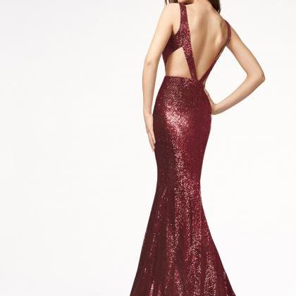 Sequins Straps V-neck Backless Long Mermaid Party..