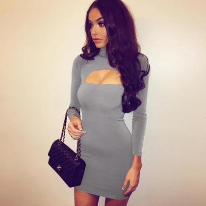 High Neck Cut Out Long Sleeves Slim Short Bodycon..
