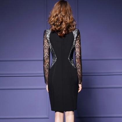 Lace Patchwork Long Sleeves Slim Knee-length Dress