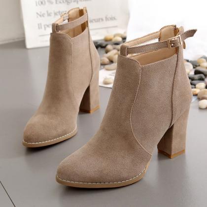 Suede Pure Color Zipper Chunky Heel Pointed Toe..