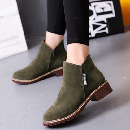 Pure Color Suede Chunky Heel Round Toe Ankle Boots