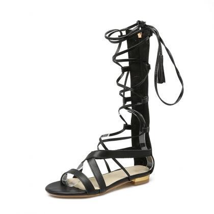 Pu Open Toe Zipper Gladiator Flat Sandals