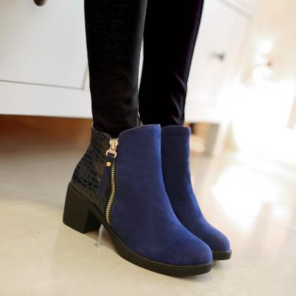Pu Chunky Heel Patchwork Round Toe Ankle Boots