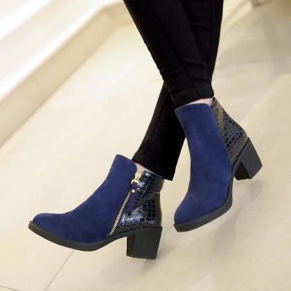 Pu Chunky Heel Patchwork Round Toe Ankle Boots