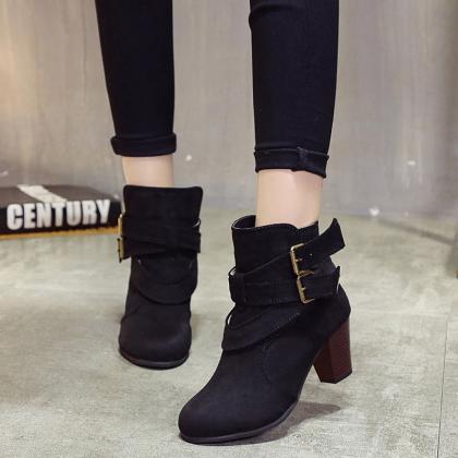 Belt Buckle Suede Chunky Heel Round Toe Ankle..