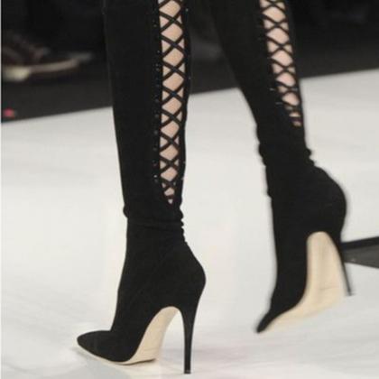 Back Lace Up Hollow Out Stiletto Heel Pointed Toe..