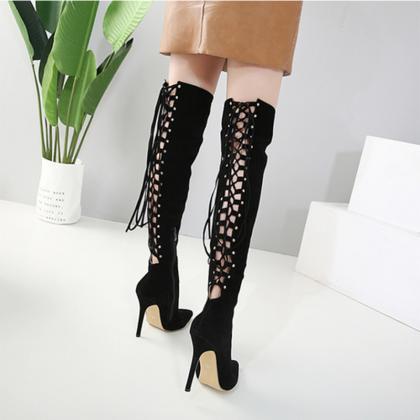 Back Lace Up Hollow Out Stiletto Heel Pointed Toe..