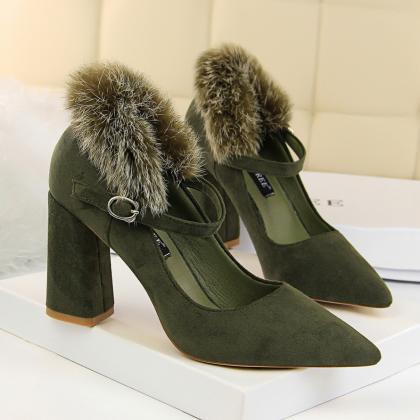 Faux Fur Middle Chunky Heel Pointed Toe High Heels