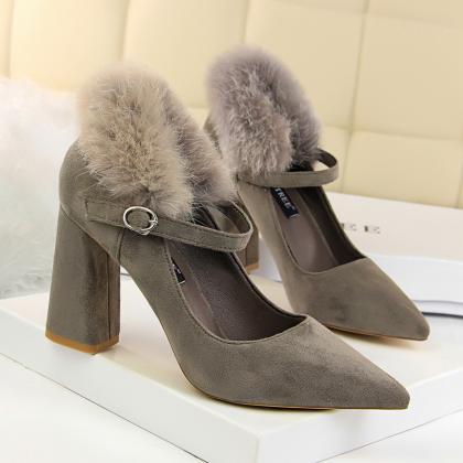 Faux Fur Middle Chunky Heel Pointed Toe High Heels