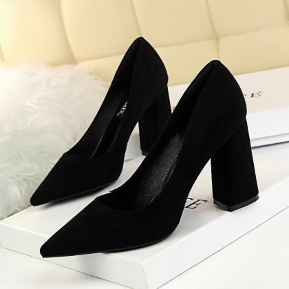 Faux Suede Pointed-toe Chunky Heels