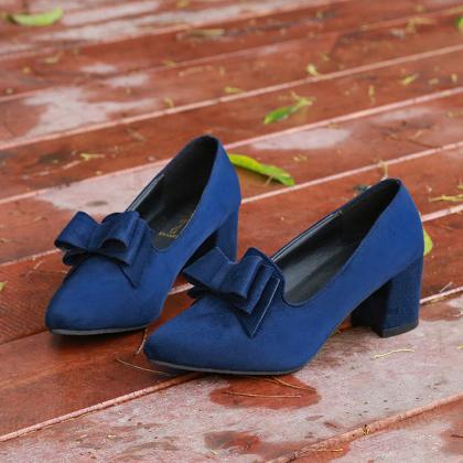 Faux Suede Bow Accent Pointed-toe Chunky Heels