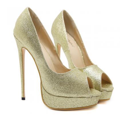 Sparkly Gold Peep Toe Super High Stiletto Heel..