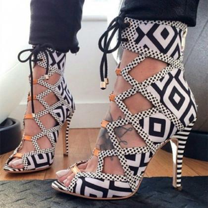 Plaid Hollow Out Ankle Wrap Stiletto High Heel..