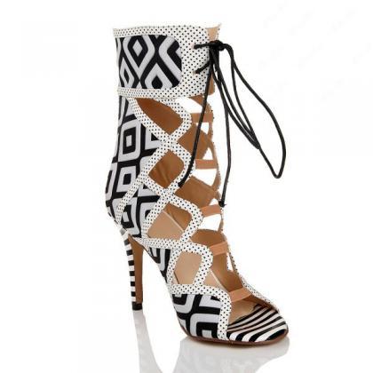Plaid Hollow Out Ankle Wrap Stiletto High Heel..