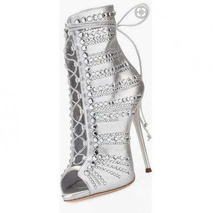 Crystal Lace Up Peep Toe Ankle Boot Stiletto High..