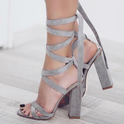Straps Lace Up Suede High Chunky High Heels..