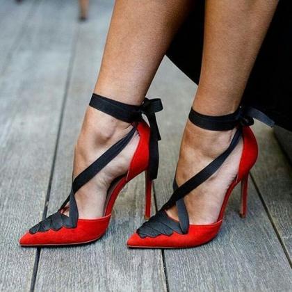 Straps Bow Pointed Toe Lace-up Low Cut Stiletto..