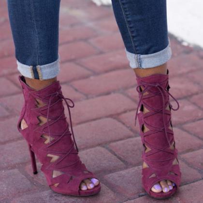 Hollow Out Peep Toe Lace Up Ankle Boot Stiletto..