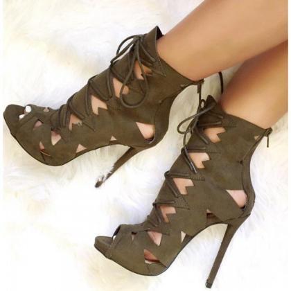 Hollow Out Peep Toe Lace Up Ankle Boot Stiletto..