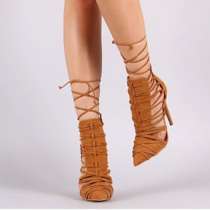 Straps Cross Lave Up Pointed Toe Hollow Out High..