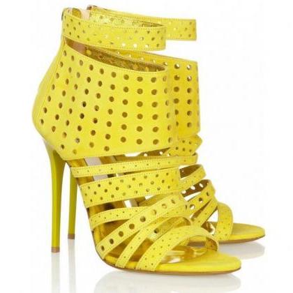 Yellow Hollow Out Straps Ankle Boots High Heel..