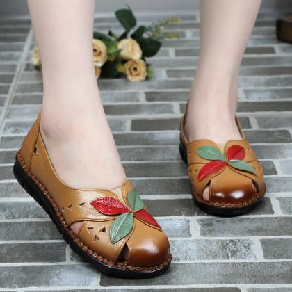 Flower Patchwork Leather Round Toe Casual..