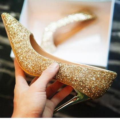 Sequins Shinning Low Cut Pointed Toe Stiletto High..