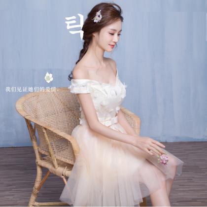 Off Shoulder Flowers Tulle Short Pleated Prom..