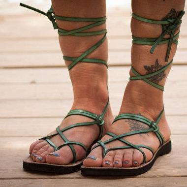 Straps Pure Color Lace Up Chunky Flat Heel Thong..
