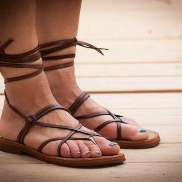 Straps Pure Color Lace Up Chunky Flat Heel Thong..