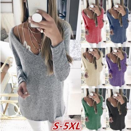Candy Solid Color V-neck Casual Loo..