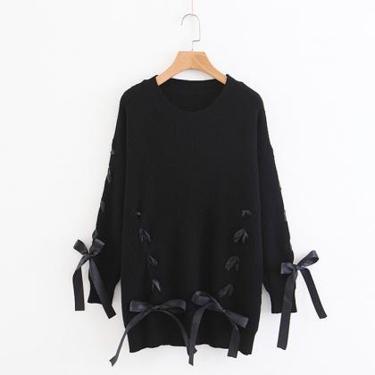 Crew Neck Straps Lace Up Loose Long Sleeves Women..