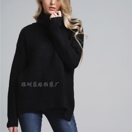 High Neck Loose Batwing Sleeves Solid Color Long..