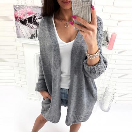 Solid Color Lable Knit Long Batwing Sleeves Women..