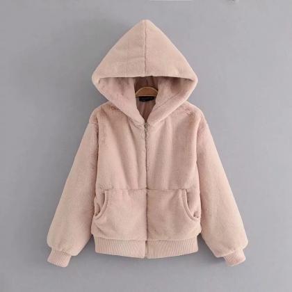 Faux Fur Pockets Solid Color Short Teddy Hooded..