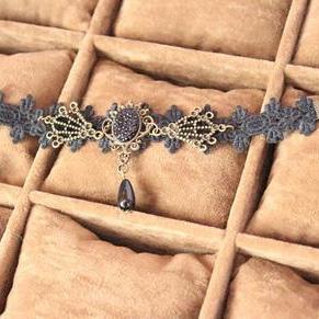 Noble Metal Embellished Jacquard Lace Anklets Navy