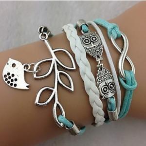 Retro Owl 8-word Leaves Multi-layer Leather Rope..