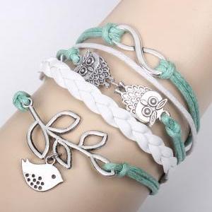 Retro Owl 8-word Leaves Multi-layer Leather Rope..