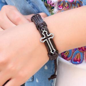 Silver Plated Alloy Cross Shape Brown Leather..