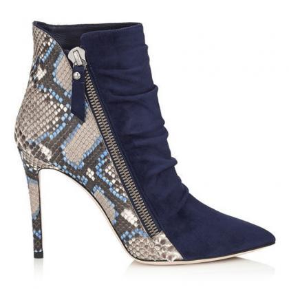 Snakeskin Zipper Pointed Toe High Heel Ankle Boots