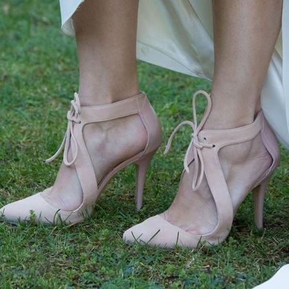 Sexy Nude Suede Cutout Strap High Heel Sandals