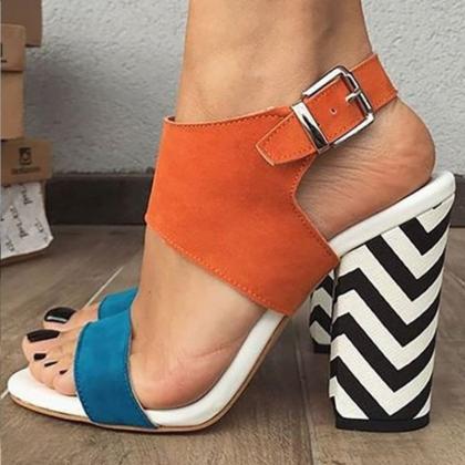 Colorbock Suede Stripes Open Toe Chunky Heel..