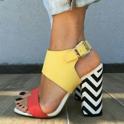 Colorbock Suede Stripes Open Toe Chunky Heel..