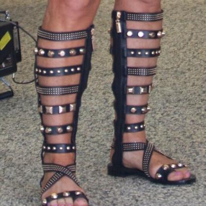 Leather Cutout Zipper Gladiators Knee Length Flat..