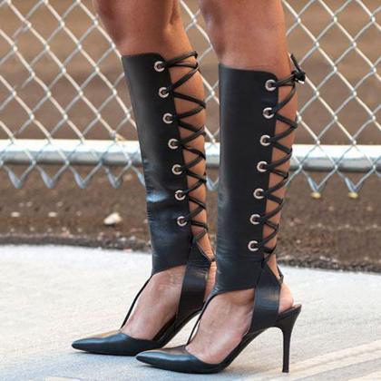 Black Leather Cutout Strap Pointed Toe Knee High..