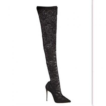 Sexy Black Lace Pointed Toe Thigh High Boots
