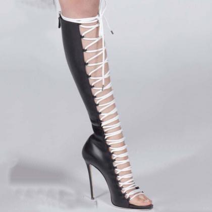 Leather Strap Open Toe Cutout High Heel Knee High..